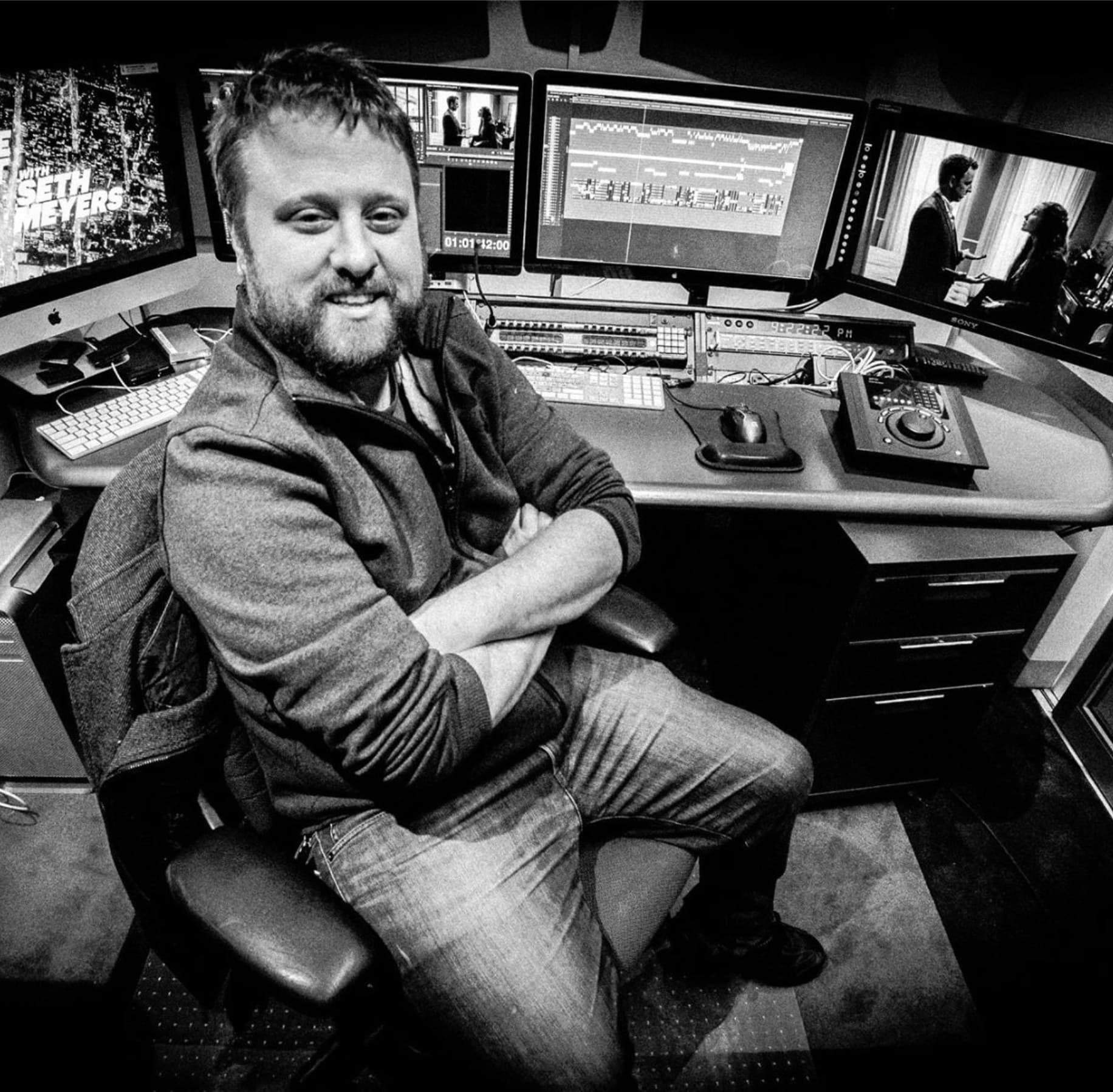 Devon Schwab at the edit bay, cutting Late Night with Seth Meyers